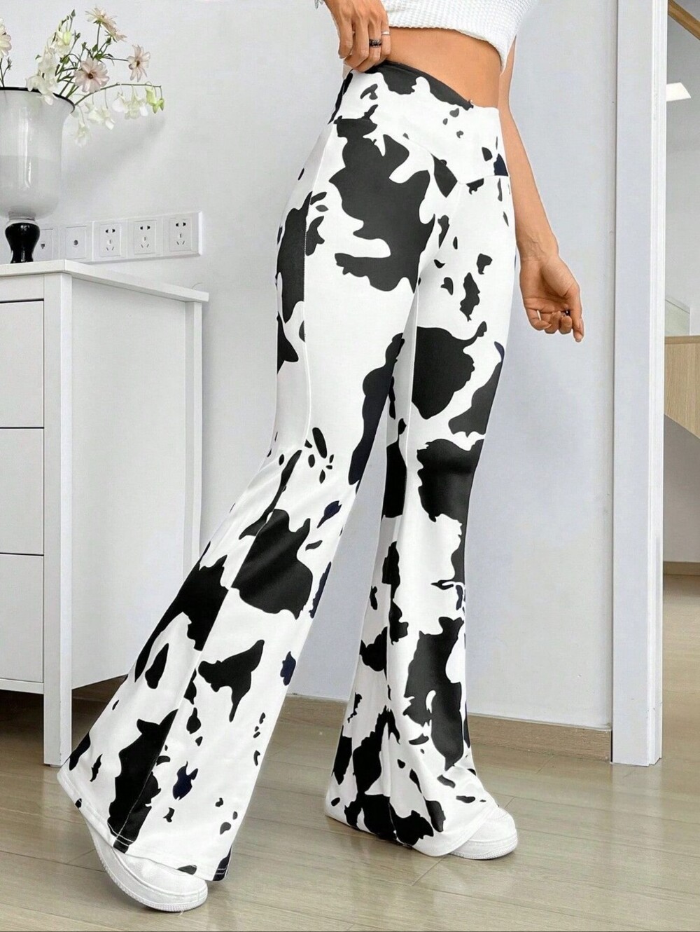 Cow Print Flared Pants - Black/White